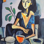 Pintura intitulada "A girl sitting on c…" por Christos Baloukos, Obras de arte originais, Acrílico