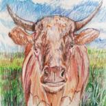 Drawing titled "Brother Bull" by Kiko Cristoni, Original Artwork, Conté Mounted on Wood Panel