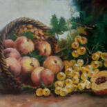 Schilderij getiteld "Pêches et raisins" door Dany Wattier, Origineel Kunstwerk, Olie Gemonteerd op Frame voor houten brancard