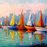 Painting titled "Sailboats in the Bay" by Olha, Original Artwork, Oil