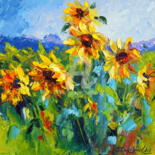 Painting titled "Sunflowers and wind" by Olha, Original Artwork, Oil Mounted on Cardboard