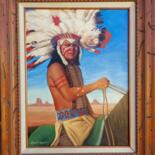Painting titled "NATIVE AMERICAN" by David Lopez, Original Artwork, Oil Mounted on Wood Panel