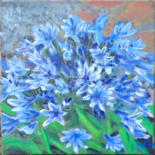 Painting titled "agapanthe bleue" by Mchris, Original Artwork, Oil Mounted on Wood Stretcher frame