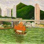 Pintura intitulada "駛過香港仔的帆船 Sailing bo…" por Demi Ng, Obras de arte originais, Óleo