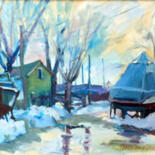 Painting titled "Docked In Winter" by Don Bourret, Original Artwork, Oil