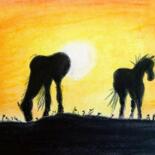 Pittura intitolato "Cavalli Al tramonto" da Donatella De Leo Croce, Opera d'arte originale, Grafite