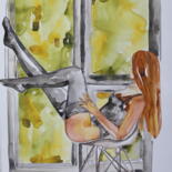「at the window」というタイトルの絵画 Donatella Marraoniによって, オリジナルのアートワーク, 水彩画