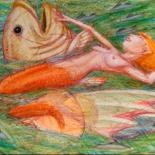 Zeichnungen mit dem Titel "Mermaid with Fish" von Edwin Loftus, Original-Kunstwerk, Bleistift Auf Andere starre Platte monti…