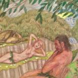 「Adam and Eve, after…」というタイトルの描画 Edwin Loftusによって, オリジナルのアートワーク, 鉛筆 その他の剛性パネルにマウント