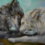 Painting titled "A pair of wolves in…" by Elena Reutova, Original Artwork, Oil Mounted on Wood Stretcher frame