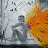 Painting titled "Butterfly." by Elena Reutova, Original Artwork, Oil Mounted on Wood Stretcher frame