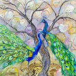 Картина под названием "Bright peacocks and…" - Elena Reutova, Подлинное произведение искусства, Масло Установлен на Деревянн…