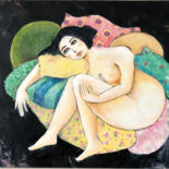 Painting titled "Endormie, verte" by Eléonore Lepièce-Gabet, Original Artwork, Oil