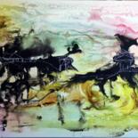 Painting titled "montagne-et-enchant…" by Eliette Gaurin, Original Artwork, Ink Mounted on Wood Stretcher frame