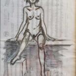 Painting titled "Joyce assise" by Elisabeth Fabre Derulliere, Original Artwork, Charcoal