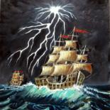 Pintura intitulada "veleiros-e-tempesta…" por Ernesto Duarte, Obras de arte originais, Óleo Montado em Painel de madeira
