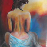 Painting titled "FEMME AU DOS NU" by Felicia Butel, Original Artwork, Oil Mounted on Wood Stretcher frame