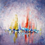 Painting titled "flottille-colorée" by Francis Jalibert, Original Artwork, Oil Mounted on Wood Stretcher frame