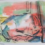 Peinture intitulée "La chatte et son ch…" par Frédérique Girin, Œuvre d'art originale, Aquarelle Monté sur Plexiglas