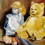 Painting titled "L'ours et la poupée" by Laurence Gasior, Original Artwork, Oil Mounted on Wood Stretcher frame