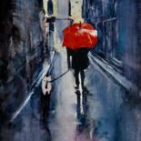 Peinture intitulée "Walking In The Rain" par Geni Gorani, Œuvre d'art originale, Aquarelle