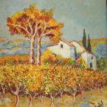 Painting titled "vignes en automne" by Gérard Michel, Original Artwork, Acrylic Mounted on Wood Stretcher frame