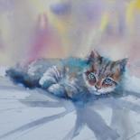 Painting titled "lying cat 4" by Giorgio Gosti, Original Artwork, Watercolor
