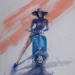 Painting titled "Vespa and woman" by Giorgio Gosti, Original Artwork, Watercolor
