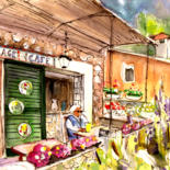 Peinture intitulée "The Village Cafe In…" par Miki De Goodaboom, Œuvre d'art originale, Aquarelle