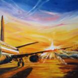 Painting titled "Airplane at Sunset" by Oksana Gordijko, Original Artwork, Oil
