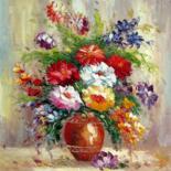 Painting titled "Vase Flower 218" by Greg Leander, Original Artwork, Oil Mounted on Wood Stretcher frame