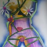 Painting titled "Flowers woman" by Guillaume Canva (.cG.), Original Artwork, Acrylic Mounted on Wood Stretcher frame