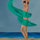 Schilderij getiteld "Green swirl" door Danielle Hameleers, Origineel Kunstwerk, Olie Gemonteerd op Frame voor houten brancard
