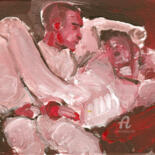 Painting titled "The Wrestlers" by Hank Wandle, Original Artwork, Acrylic Mounted on Cardboard