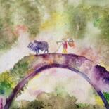 Peinture intitulée "le pont" par Helene Miaz, Œuvre d'art originale, Aquarelle