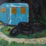 Painting titled "Caravane bleue" by Frédérique Cretin (Fé), Original Artwork, Oil