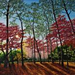 Malarstwo zatytułowany „Woodlands in Japan…” autorstwa Hazel Thomson, Oryginalna praca, Olej Zamontowany na Drewniana rama n…