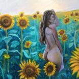 Painting titled "Sunflower Field Fem…" by Hilary J England, Original Artwork, Oil