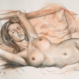 Drawing titled "Drawing women on bed" by Hongtao Huang, Original Artwork, Charcoal