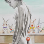 Peinture intitulée "Rabbit's Happiness" par Hongtao Huang, Œuvre d'art originale, Aquarelle
