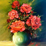 Painting titled "Roses rouges sur fo…" by Mihai Ionescu, Original Artwork, Oil