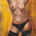 Schilderij getiteld "Selfie in stockings" door Irina Sergeyeva, Origineel Kunstwerk, Olie Gemonteerd op Frame voor houten br…
