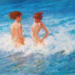 Painting titled "Dans la Mer bleue" by Isabel Mahe, Original Artwork, Oil Mounted on Wood Stretcher frame