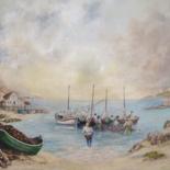 Painting titled "Le retour des pêche…" by Jacques Moncho (Art d'antan), Original Artwork, Oil