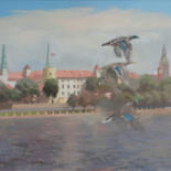 Painting titled "Ducks Flying by Rig…" by Janis Zingitis, Original Artwork, Oil