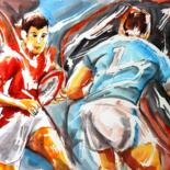 Painting titled "Rugby en rouge et b…" by Jean-Luc Lopez, Original Artwork, Ink