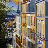 Painting titled "rue Parisienne" by Jean-Michel Yon, Original Artwork, Oil Mounted on Wood Stretcher frame