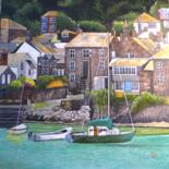 Painting titled "petit port d'ecosse" by Jean-Michel Yon, Original Artwork, Oil Mounted on Wood Stretcher frame