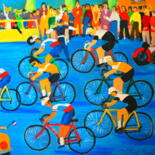 Painting titled "les coureurs cyclis…" by Jean-Pierre Tastevin, Original Artwork, Oil Mounted on Wood Stretcher frame