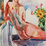 Schilderij getiteld "Nude with Sunflower" door Jelena Djokic, Origineel Kunstwerk, Aquarel